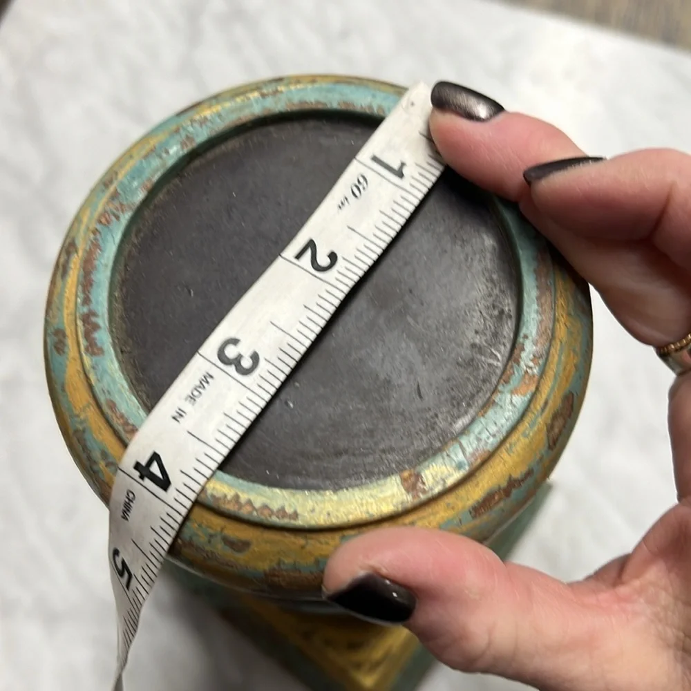 Pottery Barn Set of Two Gold and Teal Distressed Wooden Candle Holders